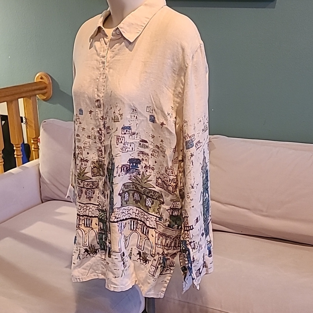 Chico's Beige Printed Button-Up Shirt